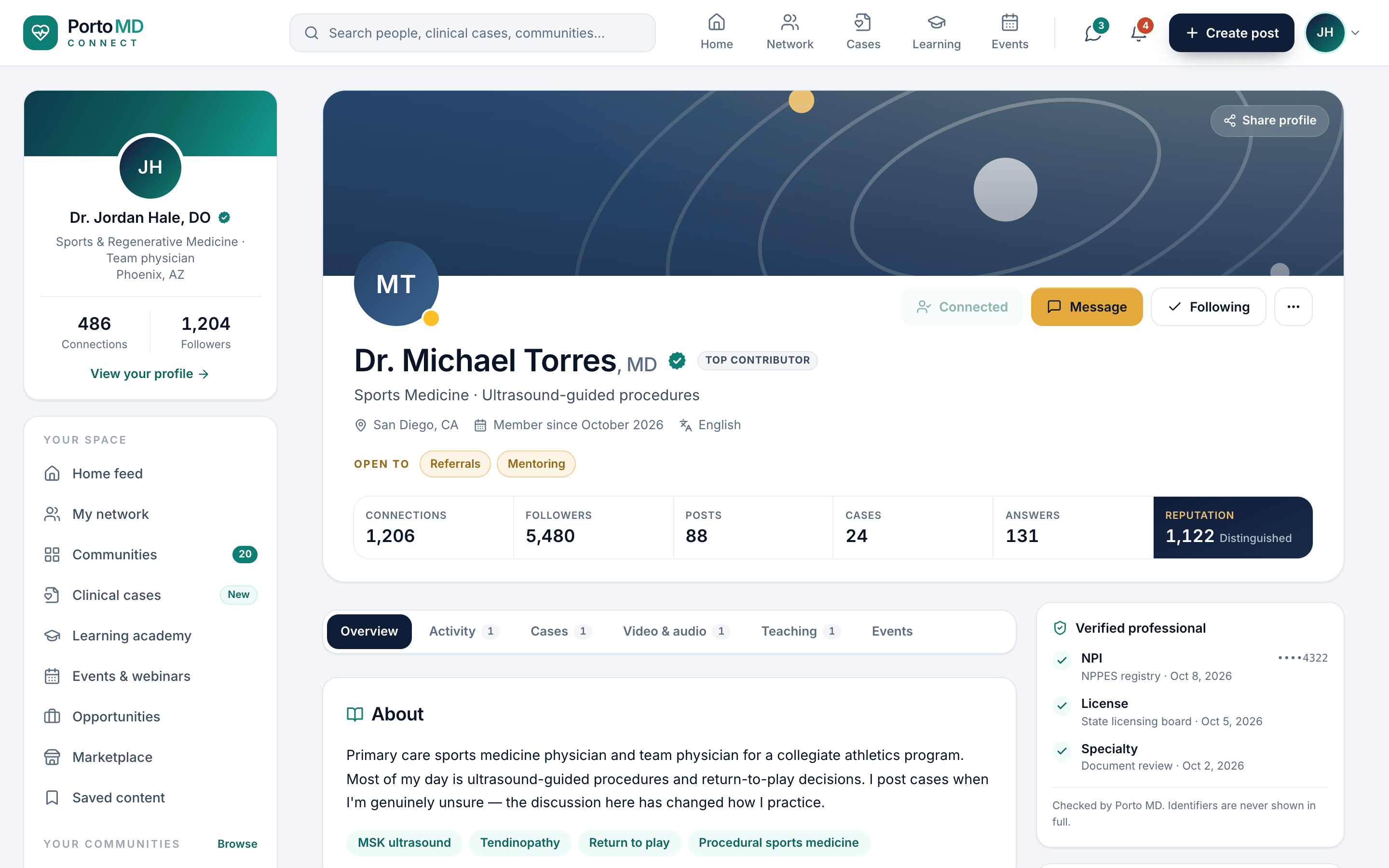 A Porto Connect professional profile with NPI, license and specialty verification listed in a Verified professional panel.