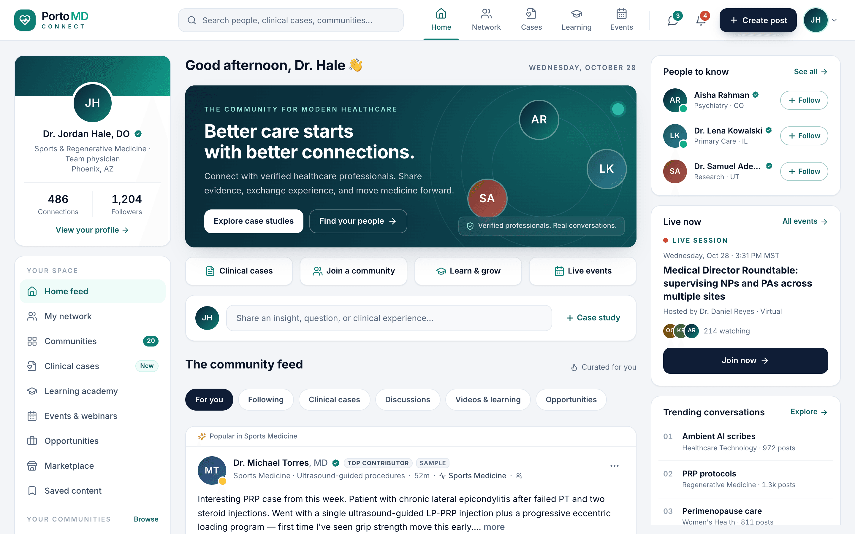 Porto Connect home on a computer: the member's profile card and Your space menu, the community banner and quick links, the community feed, and People to know with an upcoming live event.