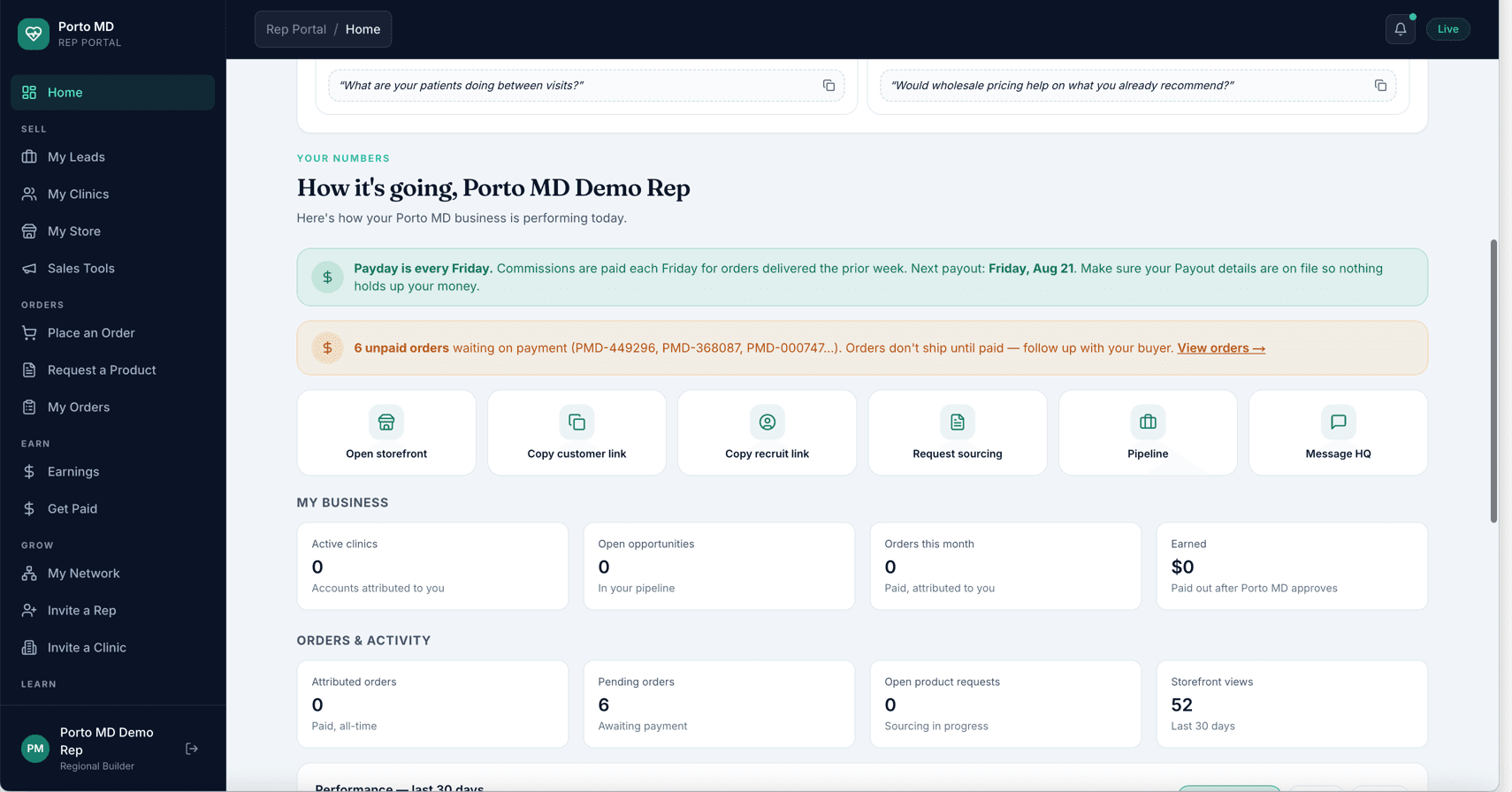 The Porto MD rep dashboard — demo account