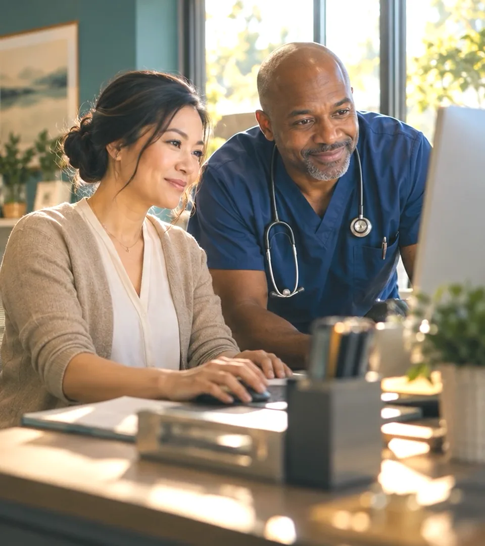 A clinician and a front-desk coordinator working together at a computer